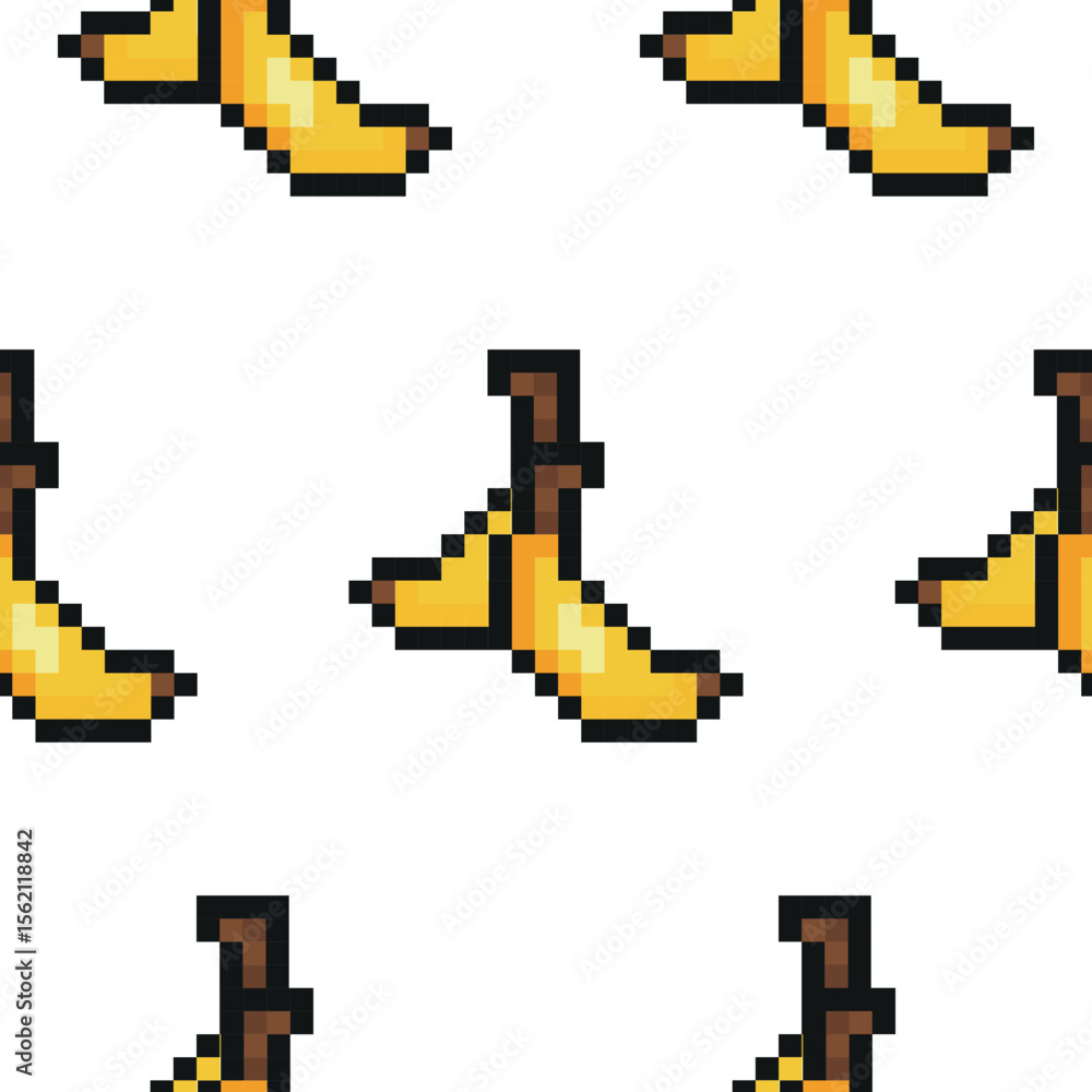 Poster pattern with exotic fruit in pixel art style, namely banana icons, retro 8-bit graphics style with v