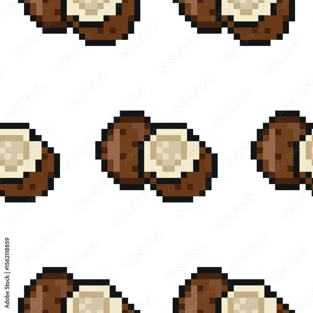 Poster pattern with exotic fruit in pixel art style namely coconut icons, retro 8-bit graphics style with visible square pixels and minimal color palette