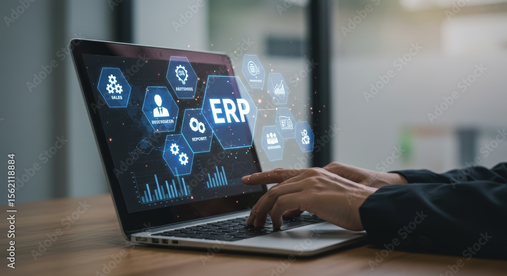 Poster person using laptop with erp software interface