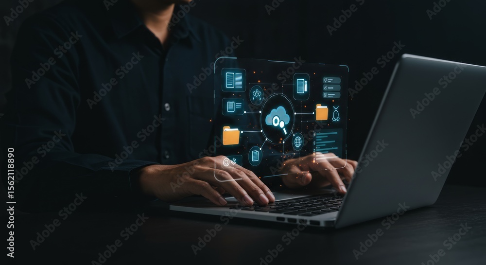 Aufkleber person using laptop with cloud computing interface
