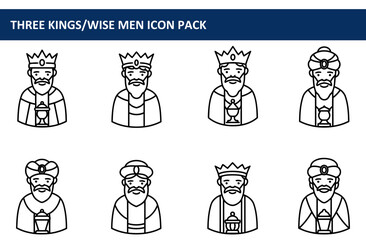 Three wise men in royal attire holding incense burners depicted in profile view against a plain background. Icons of religious figures for Christmas themed design or educational materials.