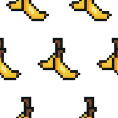 pattern with exotic fruit in pixel art style, namely banana icons, retro 8-bit graphics style with visible square pixels and minimal color palette