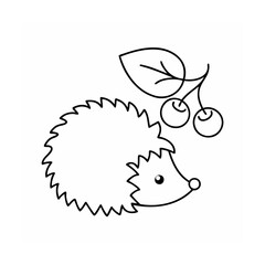 Line drawing a hedgehog with cherries a leaf on a animal berry