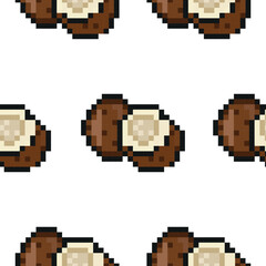 pattern with exotic fruit in pixel art style namely coconut icons, retro 8-bit graphics style with visible square pixels and minimal color palette