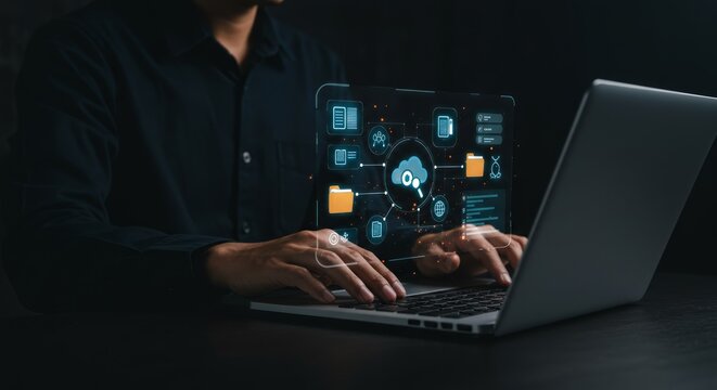 Person using laptop with cloud computing interface - Powered by Adobe
