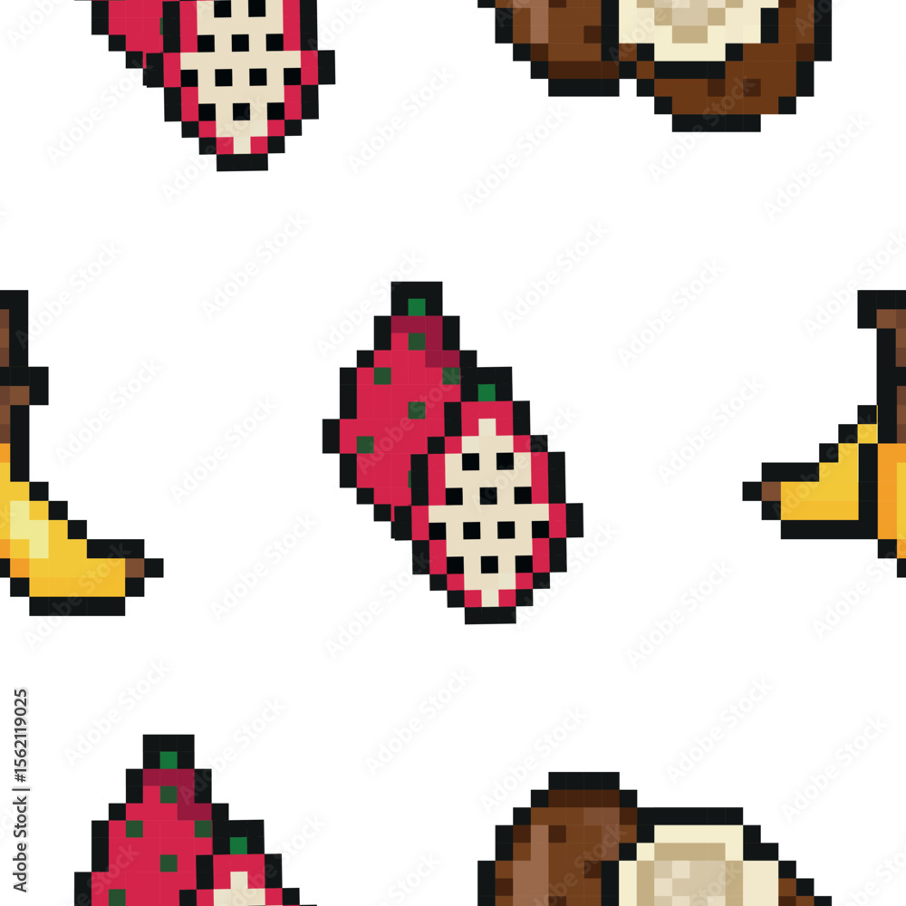 Fototapete pattern of three exotic fruit icons in pixel art style, namely banana, coconut and dragon fruit icons, retro 8-bit graphics style with visible square pixels and minimal color palette