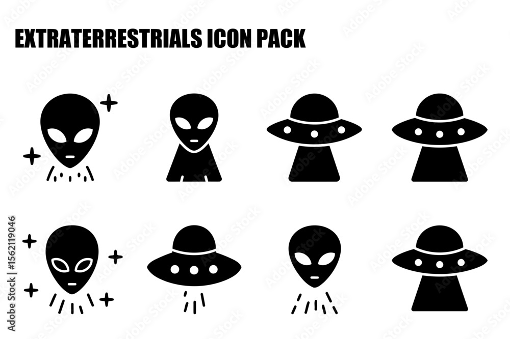 Poster simple black and white alien and ufo icons in various poses. flat design icons of aliens and ufos in