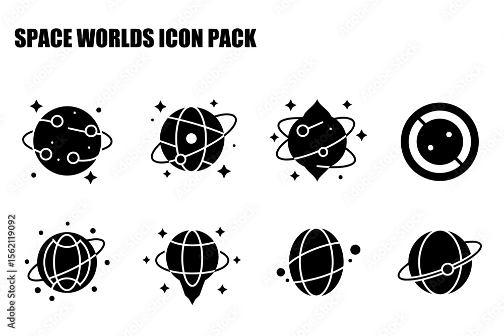 Poster space worlds icon pack depicting various planets with orbits and stars in a simple, vector graphic d