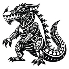Stylized Black and White Dragon Illustration with Tribal Pattern Design Elements