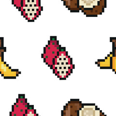 pattern of three exotic fruit icons in pixel art style, namely banana, coconut and dragon fruit icons, retro 8-bit graphics style with visible square pixels and minimal color palette