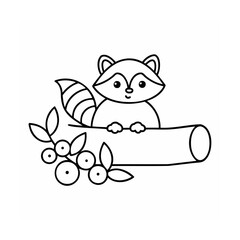 Raccoon sitting on a log with berries leaves coloring page animal mammal