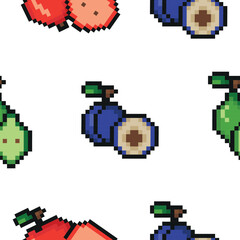 pattern with garden fruits in pixel art style, namely apple, pear and plum icons, retro 8-bit graphics style with visible square pixels and minimal color palette