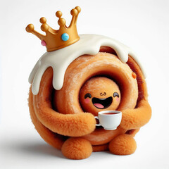 Cinnamon Roll Plush Monster with Teacup Crown on an isolated white background
