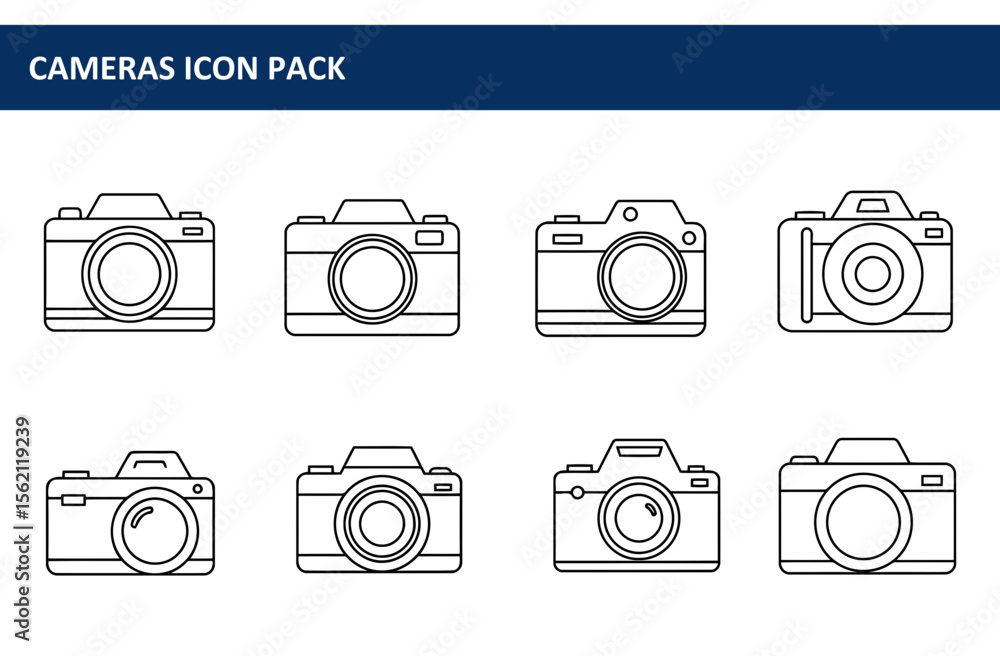 Poster camera icons in various designs for a graphic pack. simple line illustrations of cameras in differen