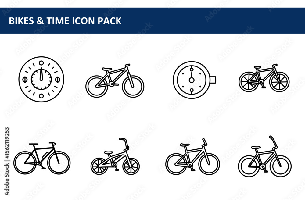 Poster line art illustrations of various bicycles and a clock, showcasing different styles and sizes. simpl