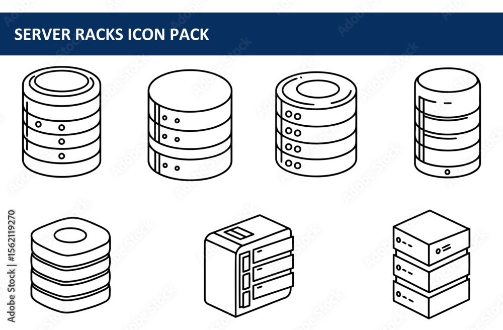 Poster line art illustration of various server racks in different configurations. collection of simple, tec