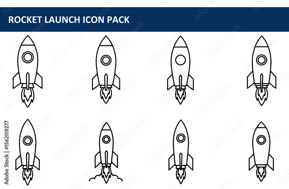 Poster rocket launch icons in various stages of flight against a plain background. simple line art depictio