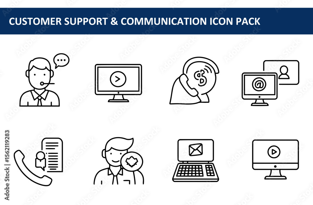 Poster customer support and communication icons depicting various methods for business interactions.
