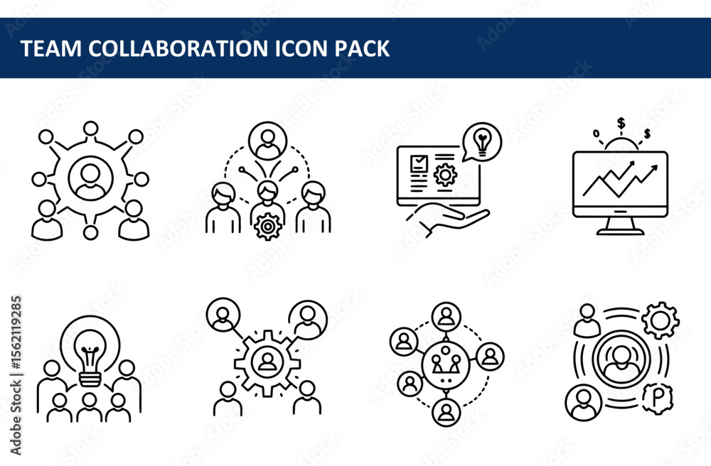 Poster team collaboration icons depicting various methods of communication and workflow. outline icons of d
