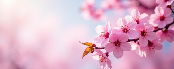 Fototapeta premium Delicate pink cherry blossoms in full bloom against a soft, spring sky , bloom, nature, pastel