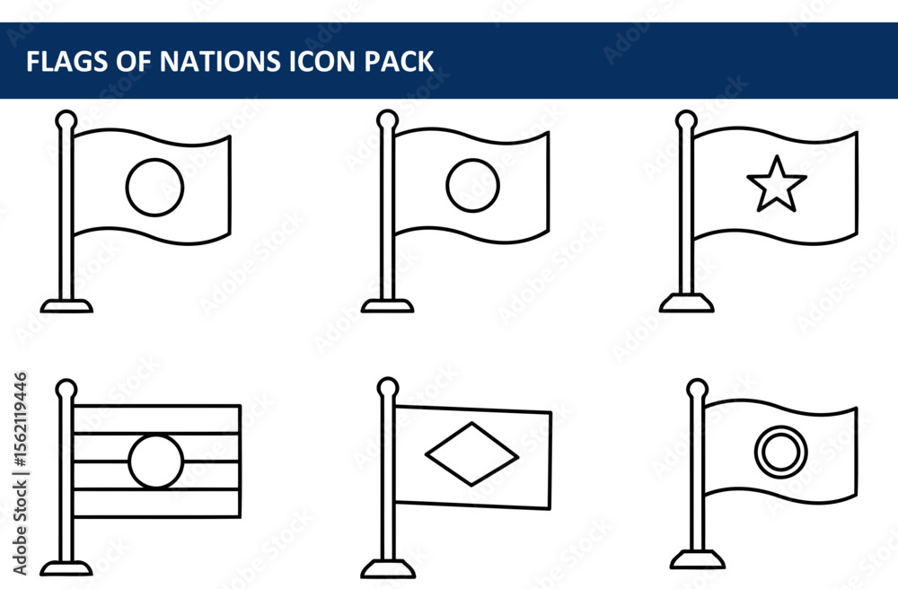 Poster nation flags on flagpoles in a simple line art style. collection of national symbols displayed in a 