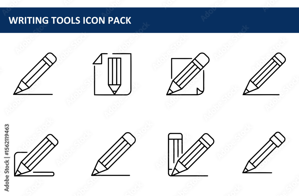 Poster line art icons of pencils writing on paper in various poses. simple, versatile icons for use in desi