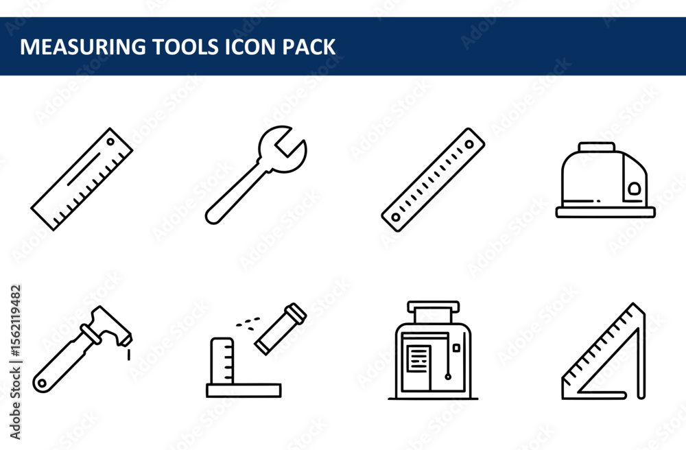 Poster measuring tools icon pack showcasing various measuring instruments in a simple, line art style. a co