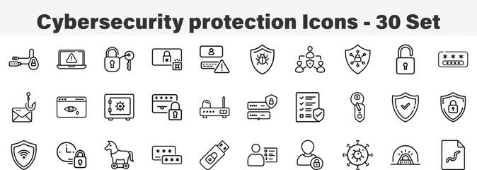 Cybersecurity Icons 30 Set. Line Art Icon Collection. Editable Stroke. Vector Illustration