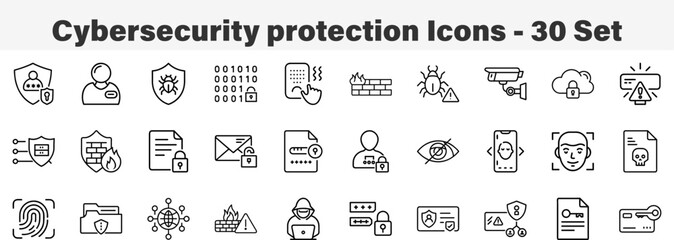 Cybersecurity Icons 30 Set. Line Art Icon Collection. Editable Stroke. Vector Illustration