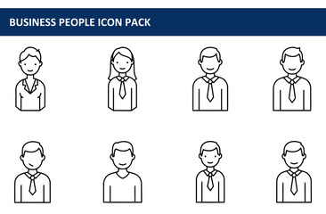 Business people icons in formal attire, in a neutral setting. Various genders and smiling expressions.
