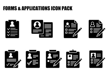 Forms and applications icons, various formats. Simple black and white icons for forms and applications, including resume, checklists and other documentation tools.