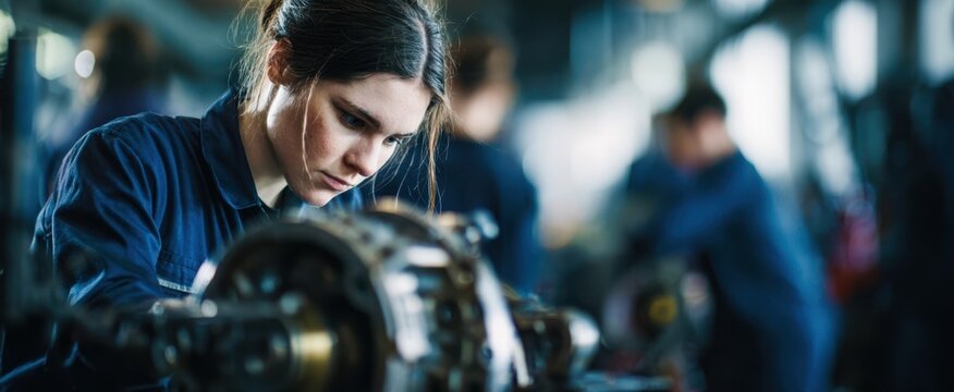 The mechanic working diligently on a complex engine in a busy workshop environment.