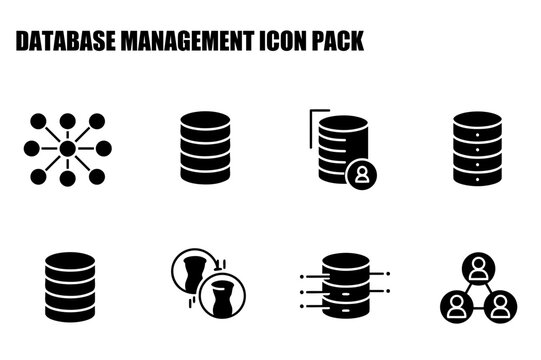 Database management icons depicting various functions in a simplified, graphic style. Networked data connections, data storage structures, data access, and user interaction with the system.
