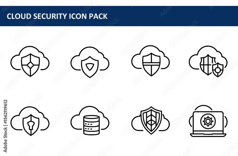 Poster cloud security icons depicting various protection measures in a digital interface. simple line illus