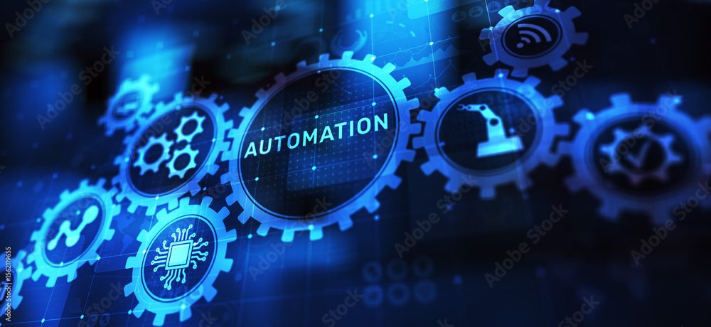 Poster automation work flow business process optimisation smart industry modern manufacturing concept on vi