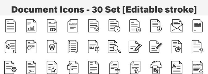 Document Icons 30 Set. Line Art Icon Collection. Editable Stroke. Vector Illustration
