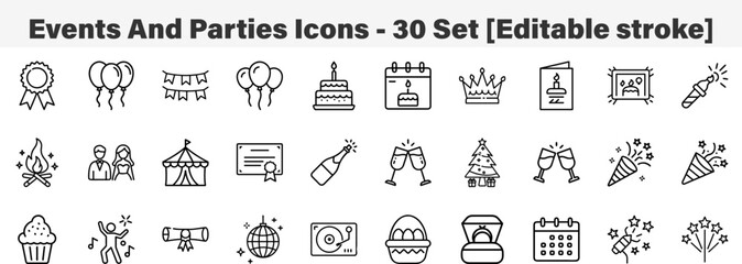 events and parties Icons 30 Set. Line Art Icon Collection. Editable Stroke. Vector Illustration