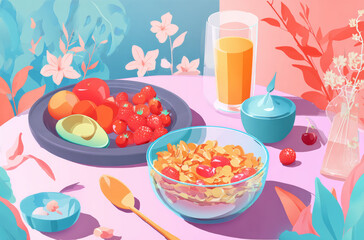 A vibrant breakfast scene featuring cereal, fresh fruits, and orange juice on a floral tablecloth