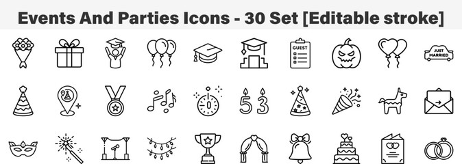 events and parties Icons 30 Set. Line Art Icon Collection. Editable Stroke. Vector Illustration