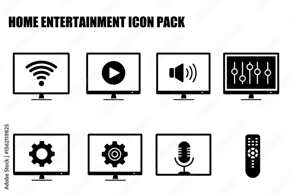 Poster home entertainment icon pack displaying various media functions.