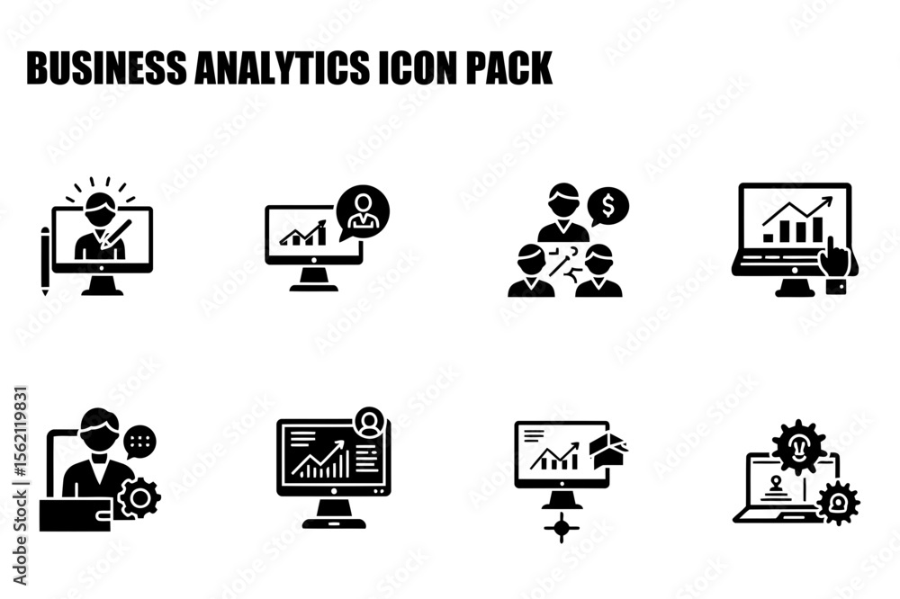 Poster business analytics icons depicting various stages of data analysis in a professional setting.