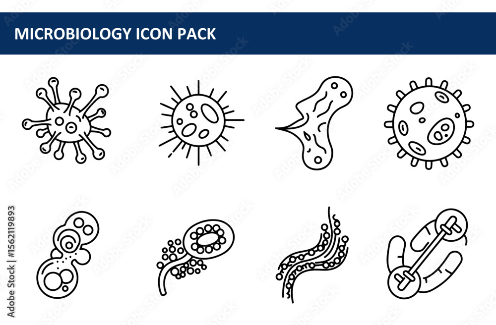 Poster microbial illustrations of various types with no demographic details in a simple line art style. fla