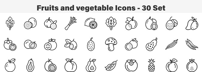 Fruits and vegetable Icons 30 Set. Line Art Icon Collection. Editable Stroke. Vector Illustration
