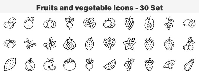 Fruits and vegetable Icons 30 Set. Line Art Icon Collection. Editable Stroke. Vector Illustration