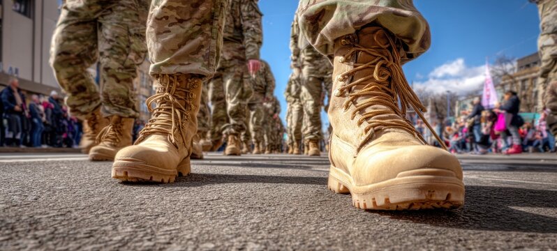 The soldiers march proudly in their sturdy boots during a vibrant parade. - Powered by Adobe