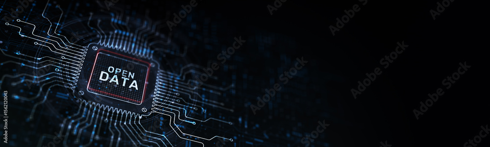 Poster open data promoting transparency and accessibility illustrated on a processor touched by a human han