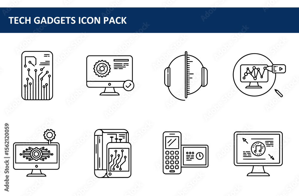 Poster tech gadgets icon pack for designers/developers. simple line illustrations depicting various gadgets