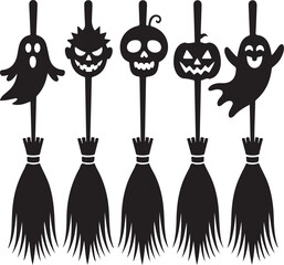 Halloween brooms icon set with pumpkins ghosts bats and other spooky symbols