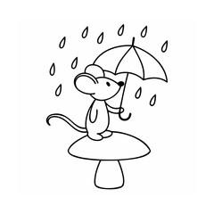 A mouse holding an umbrella standing on a mushroom in the rain drops