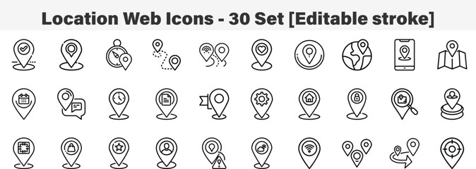 Location Web Icons 30 Set. Line Art Icon Collection. Editable Stroke. Vector Illustration
